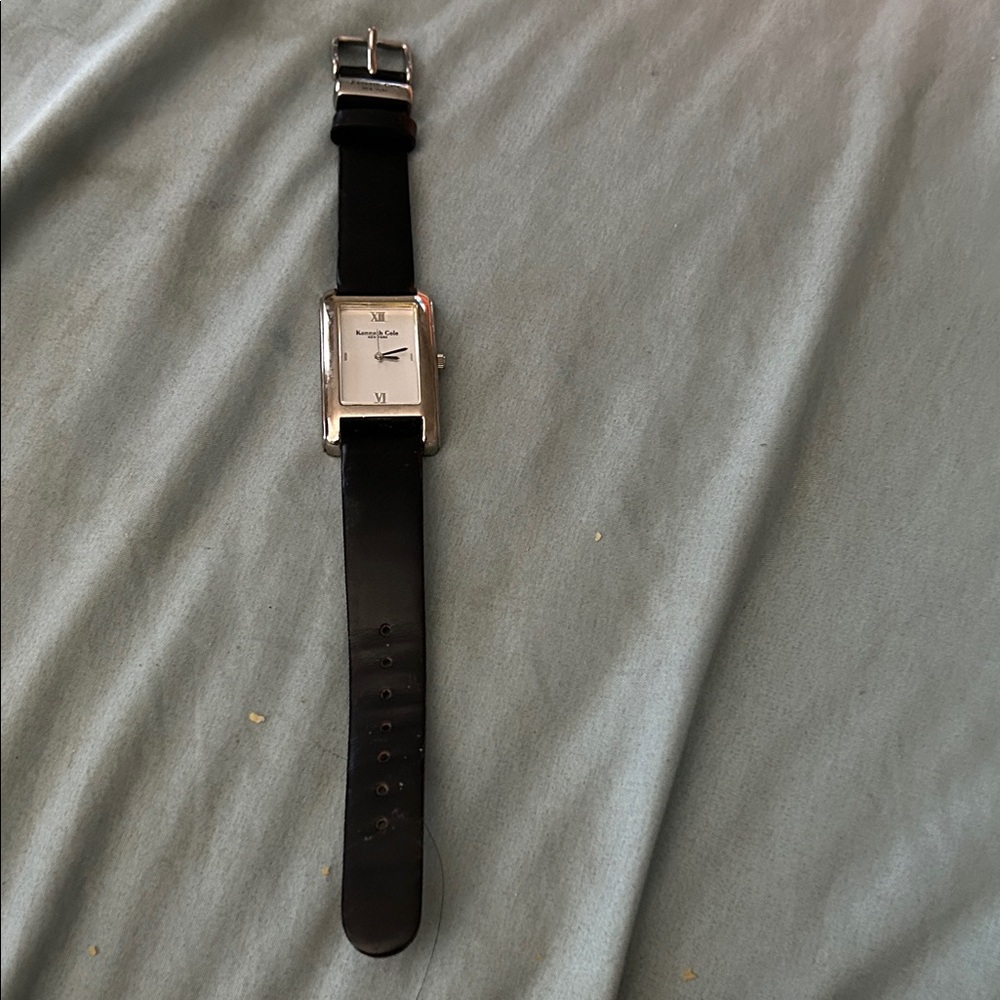 Kenneth Cole Black Leather Strap Watch with Silver Rectangular Case